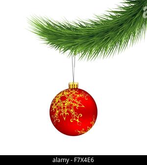 Red Christmas ball auf Tannenzweig isoliert auf weiss Stock Vektor