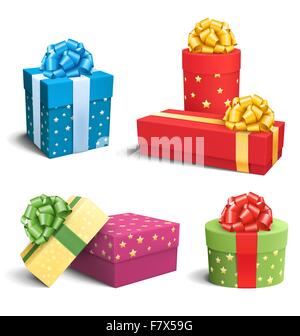 Festlegen Sie Sammlung von bunten Feier Geschenk-Boxen mit Bögen Isol Stock Vektor
