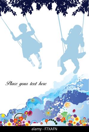 Plakat mit Silhouette von einem Mädchen auf einer Schaukel, Blumen und cloud Stock Vektor