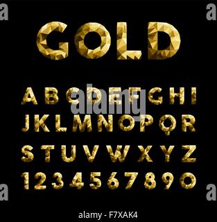 Gold elegante low-Poly Luxus Alphabet Schrift Schrift mit Zahlen auf schwarzem Hintergrund isoliert. EPS10 Vektor. Stock Vektor