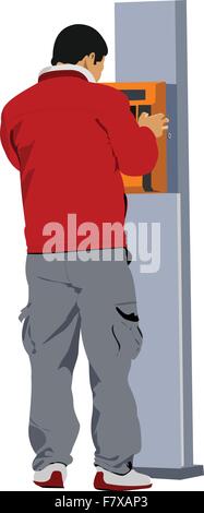 Mann mit einem öffentlichen Telefon. Vektor-illustration Stock Vektor