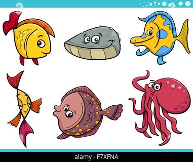 Cartoon Illustration lustige Fisch und Meer Leben tierischen Figuren Set Stock Vektor