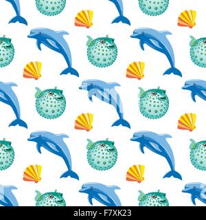 Nahtlose Muster mit tropischen Delfine und Fische Kugel Korallen. Vektor-illustration Stock Vektor