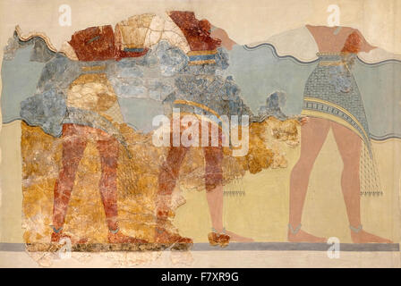 Fragment der Prozession Fresko aus der minoische Palast von Knossos.  Drei männliche Figuren sind mit Geschenken gezeigt. Stockfoto