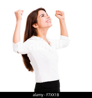 Schöne und glückliche hispanische Geschäftsfrau mit Arme nach oben, isoliert auf einem weißen Hintergrund Stockfoto