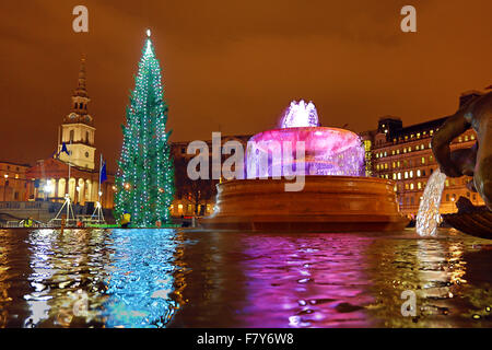 London, UK. 3. Dezember 2015. Menschenmassen trotzten dem drohenden Regen um die Beleuchtung der Weihnachtsbaum Trafalgar Square in London zu sehen. Der Baum ist ein traditionelles Geschenk von den Menschen in Norwegen. Bildnachweis: Paul Brown/Alamy Live-Nachrichten Stockfoto