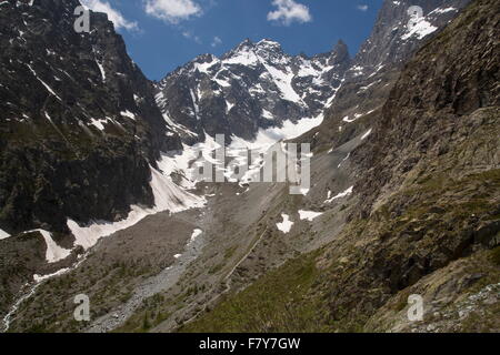 Der Glacier Noir an der Spitze der Ailefroide Tal, Nationalpark Ecrins, Französische Alpen. Stockfoto