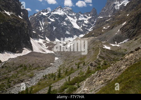 Der Glacier Noir an der Spitze der Ailefroide Tal, Nationalpark Ecrins, Französische Alpen. Stockfoto