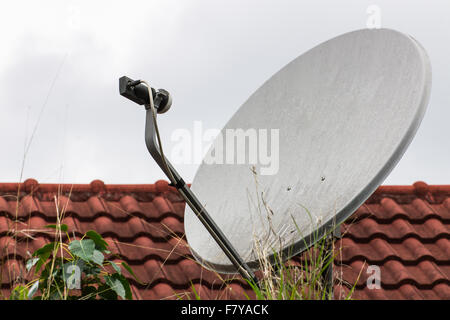 Satellitenschüssel auf dem Dach Stockfoto