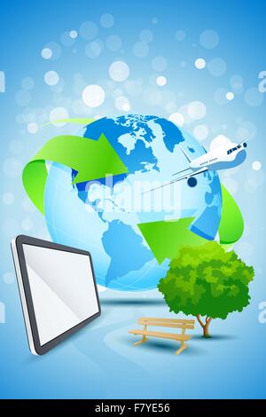 Zusammenfassung Hintergrund mit Planet Erde Flugzeug und Tablet Comput Stock Vektor