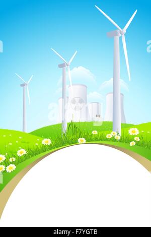 Grüne Landschaft mit Windmühlen und Kernkraftwerk Stock Vektor