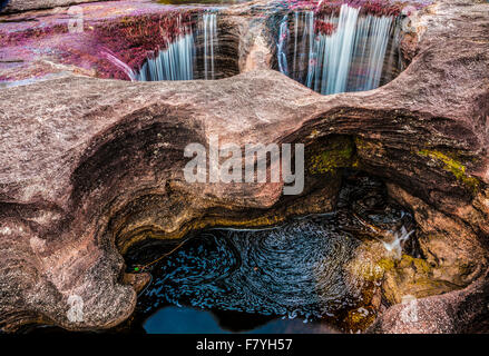 Wasserfall und pflanzlichen Farben im Cano Cristales, Kolumbien Unterwasser Pflanzen (Macarenia Clarigera) endemisch auf kleinen Bach und Umgebung, Stockfoto