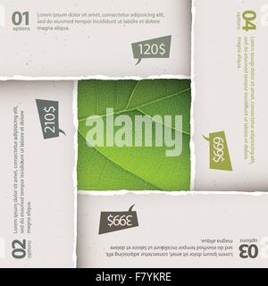 Grünes Blatt-Textur unter zerrissenes Papierplatten. Optionen-Zusammensetzung, Stock Vektor