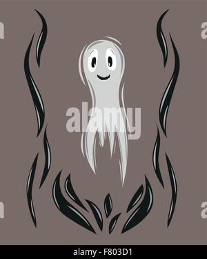 graue lustige Geist mit großen Augen und schwarze Flammen um ihn herum Stock Vektor