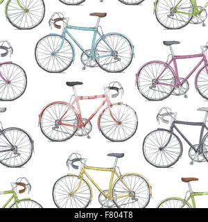 Oldtimer Fahrrad handgezeichnete nahtlose Muster Stock Vektor
