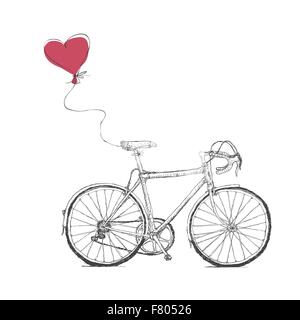 Vintage Valentines Illustration mit dem Fahrrad und Herz-Ballon Stock Vektor