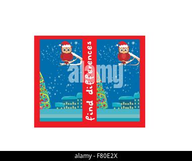 Karte mit niedliche Eule Winter, finden Sie die Unterschiede Stock Vektor