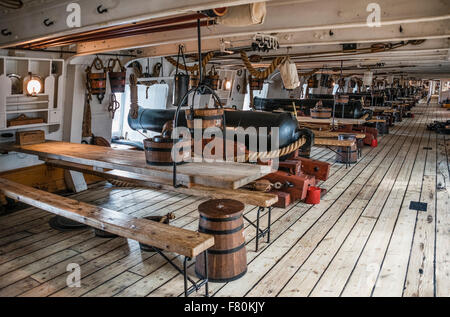 Unteren Batteriedeck der HMS Warrior bei Portsmouth Historic Dockyard, England, UK. Stockfoto