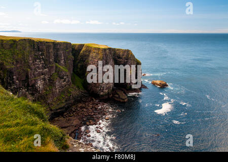 Ein Blick auf die Klippen im Nordwesten der Insel Handa, Sutherland, Schottland. August. Stockfoto