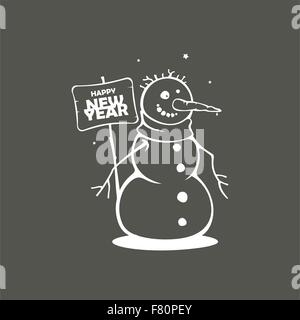 Frohe Weihnachten und ein glückliches neues Jahr Hintergrund; Grußkarte mit lächelnden Schneemann und Gratulation Text zu Weihnachten gegen Stock Vektor