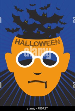 Halloween-Hintergrund und Gruß oder Einladung Karte mit orange Horror Gesicht, Reißverschluss an Lippen, Gläser und Fledermäuse fliegen aus hea Stock Vektor