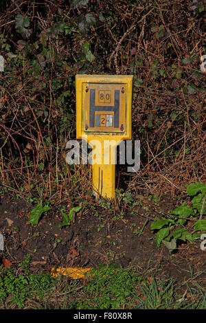 Hydranten Warnung Post in Beton mit einem gelben Schild mit schwarzer Schrift drauf, die Angabe von Größe und Abstand von der Wasserleitung. Stockfoto