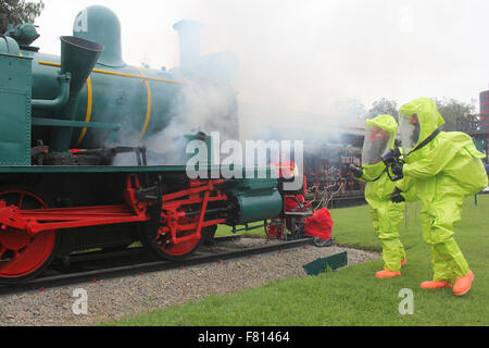 Lima, Peru. 3. Dezember 2015. Mitglieder der General Corp der Freiwilligen Feuerwehr in einer Inspektion und Antwort Bohrmaschine auf Dichtheit von chemischen Stoffen im Rahmen des 4. internationalen Emergency Congress teilnehmen: erste Reaktion, in der Stadt Lima, Peru, am 3. Dezember 2015. Bildnachweis: Luis Camacho/Xinhua/Alamy Live-Nachrichten Stockfoto