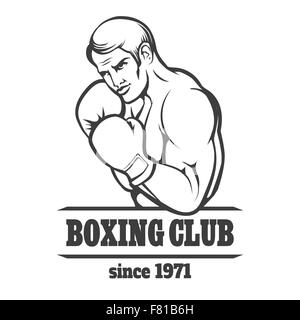 Boxing Club-Logo oder Emblem. Ein Mann in Boxhandschuhe in kämpfen Position. Isoliert auf weiss. Kostenlose Schriftart verwendet. Stock Vektor