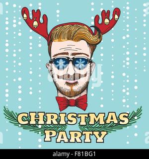 Christmas Party Design mit Hipster Kopf mit Spielzeug Rentier Hörner und Schriftzug Weihnachtsfeier. Handgemalte bunte illustration Stock Vektor