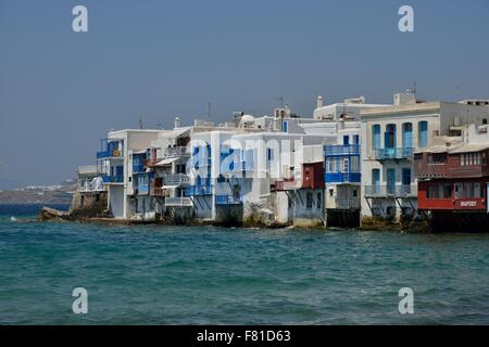 Des ehemaligen Kapitäns Häuser in Klein-Venedig, Chora oder Mykonos Stadt, Mykonos, Kykladen, Griechenland Stockfoto