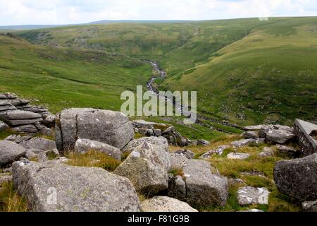 Mit Blick auf Tavy Spalten aus Ger Tor, Dartmoor, Devon, England, UK Stockfoto