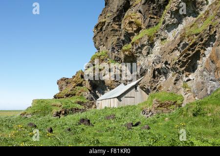 Rasen-Häuser in einem felsigen Hügel im Süden Islands Stockfoto