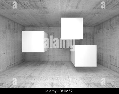 Abstrakte konkrete Innenraum mit drei weißen fliegenden Würfel als Banner Platz, 3d Illustration Hintergrund Stockfoto