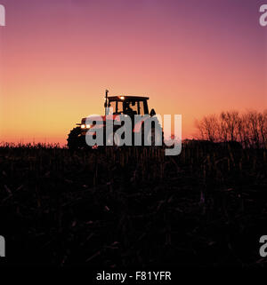 Ein moderner Bauernhof Traktor arbeitet ein Feld in den späten Abendstunden. Stockfoto