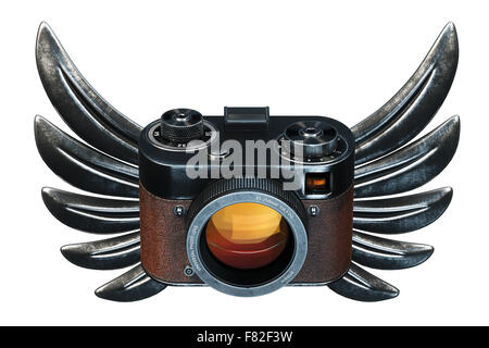 Vintage Foto Filmkamera mit Metall Flügeln auf schwarzem Hintergrund. 3D render Stockfoto