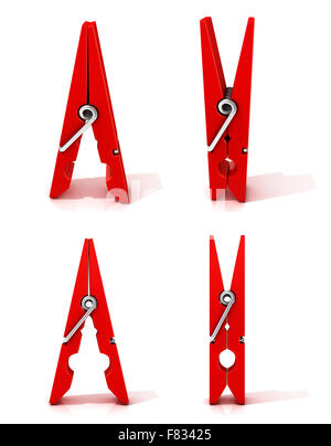 Satz von roten Wäscheklammern. Geöffnete und geschlossene Stellung. Isoliert auf weißem Hintergrund Stockfoto