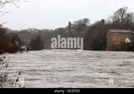 Barnard Castle, Teesdale, County Durham, Großbritannien Wetter.  5. Dezember 2015.  Schwere Nacht Regen und Sturm Winde vom Sturm Desmond hinterließen River Tees, die durchquert Barnard Castle auf sehr hohem Niveau.  Anderswo in der Gegend einige Straßen wurden durch Überschwemmungen blockiert und gefallen Bäume. Stockfoto