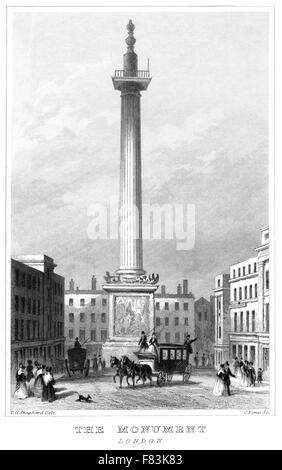 Eine Gravur der The Monument, London mit hoher Auflösung aus einem Buch gescannt gedruckt um 1850. Kostenlos copyright geglaubt. Stockfoto