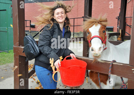 London, UK, 5. Dezember 2015, freiwillige Alexa Hamilton 24 feeds Pony Tim bei Charlton Park Riding Centre für Menschen mit Behinderungen. Bildnachweis: JOHNNY ARMSTEAD/Alamy Live-Nachrichten Stockfoto