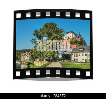 Blick von der Burg Garten Greiz auf der Oberburg. Die Burg wurde erstmals erwähnt im Jahre 1209, Greiz, Thüringen, Deutschland Stockfoto