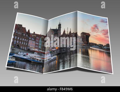 Blick auf die Mottlau an der Uferpromenade und dem Żuraw Kran Tor. Der Kran ist das berühmteste Wahrzeichen, Gdansk, Polen, Europa Stockfoto