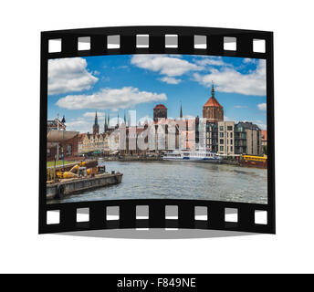 Blick auf die Mottlau, Johanneskirche, Brama Straganiarska und St. Marys Kirche, Danzig, Pommern, Polen, Europa Stockfoto