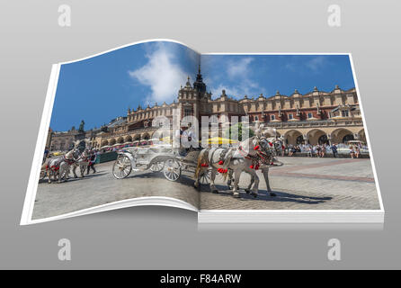 Horse-drawn Wagen erwarten Touristen auf den Krakauer Tuchhallen Main Market Square, Polen, Kleinpolen, Europas Stockfoto