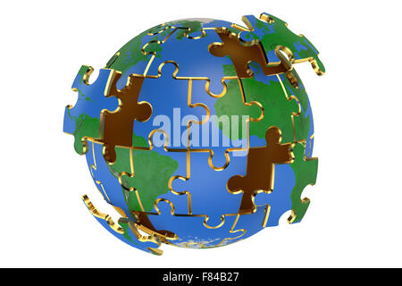 Globus von Rätseln, die isoliert auf weißem Hintergrund Stockfoto