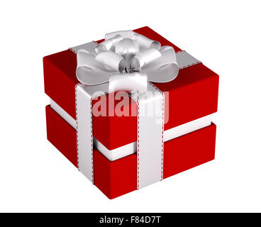 Roter Geschenkbox mit Silver Bow und Farbbänder isoliert 3D-Rendering Stockfoto