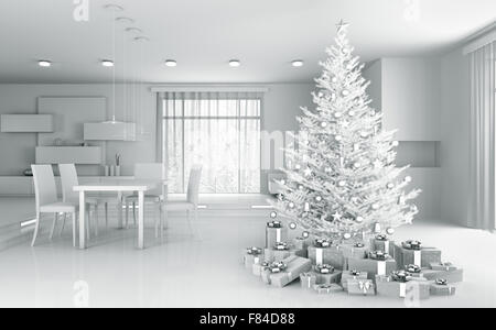 Innenraum eines weißen Apartment mit Weihnachtsbaum und Geschenke 3D-Rendering Stockfoto