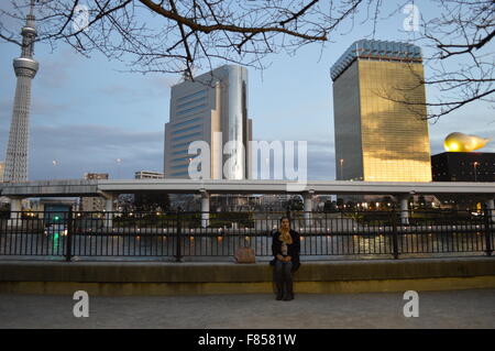 Indische paar posiert in der Nähe von Sumida Fluss Tokyo mit leuchtenden Tokyo Sky Tree im Hintergrund Stockfoto