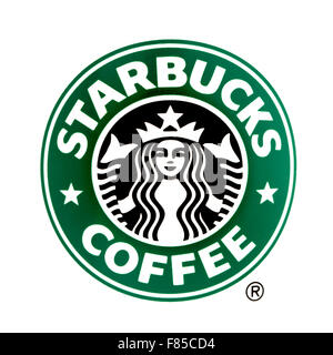 Starbucks-Logo auf weißem Grund, Starbucks ist das größte Kaffeehaus-Unternehmen der Welt Stockfoto
