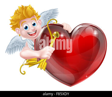 Cupid Valentinstag Engel cartoon mit seinem gold Herz und Bogen Pfeil in spähen, um einen großen roten Valentines Herz mit Zimmer auf i Stockfoto