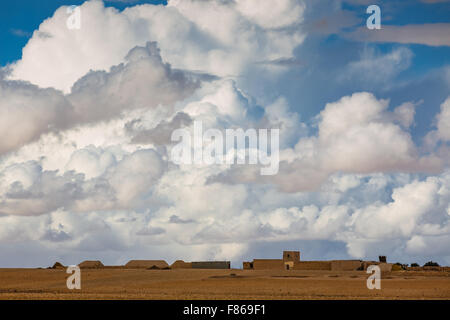 Landschaft in der Nähe von Marrakesch. Am Horizont sind landwirtschaftliche Gebäude. Stockfoto